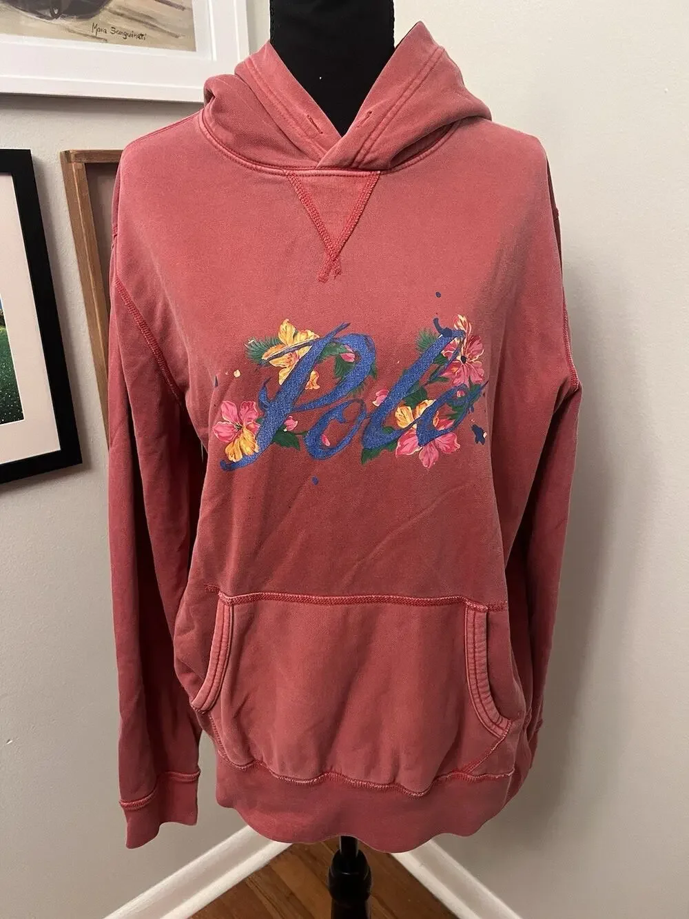 Polo Ralph Lauren RED PAINTED FLORAL SCRIPT LOGO Hoodie Sweatshirt Sz M